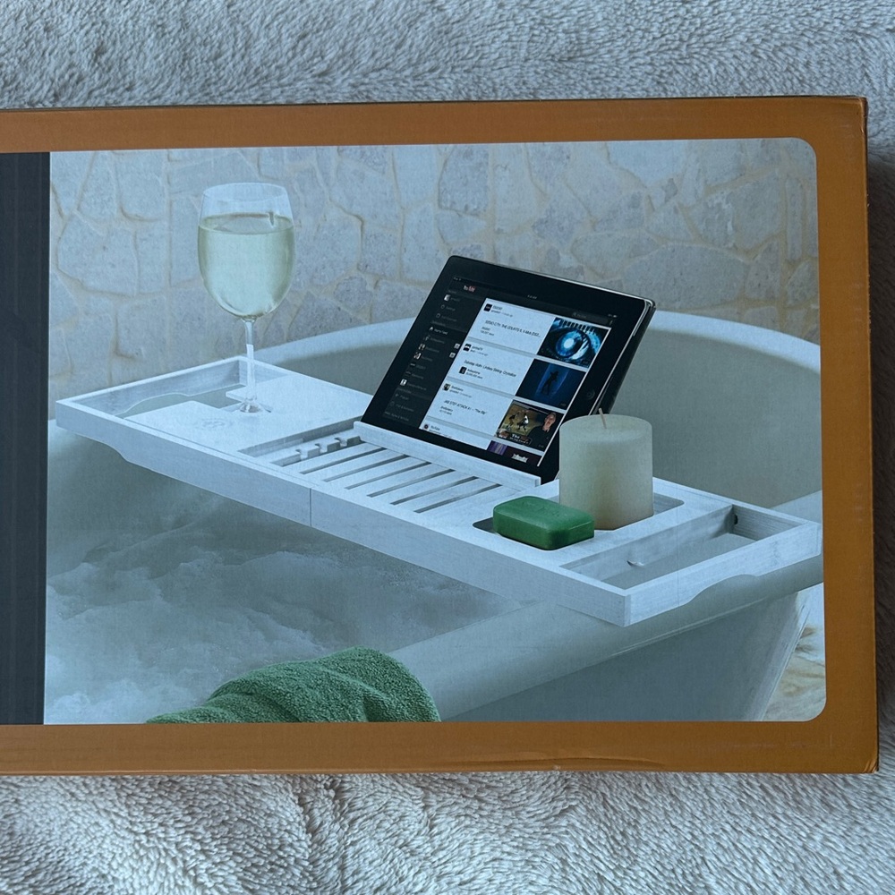 Luxury Natural Bamboo White Bathtub Caddy Tray Waterproof New In Box